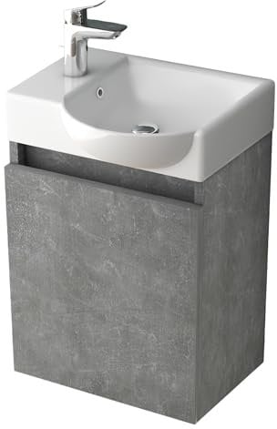 Alpenberger Gäste WC Waschbecken mit Unterschrank | Kleines Badmöbel 45 cm Breit | Waschtisch mit Waschbeckenunterschrank (Cement, Waschbecken - Rechte Seite)