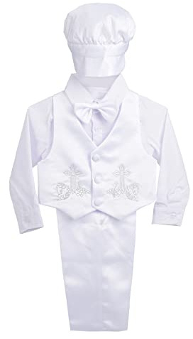 Lito Angels Spädbarn Baby Pojkar Satin Dop Kläder Formell Vit Kostym med Hätta Väst 5 Stycken Set Ålder 18-24 månader, A - Lång ärm