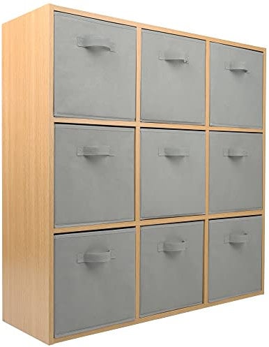 Charles Jacobs Oak 9 Cube Storage Shelving Unit + 9 Grey Fabric Drawers