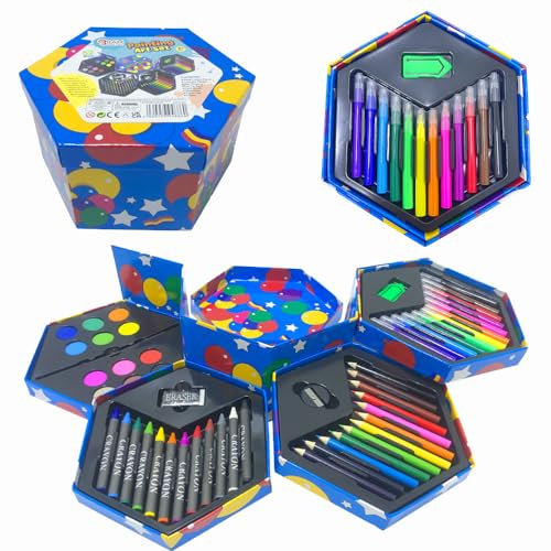 Ram® Childrens 52 Pcs Craft Art Artists Set Hexagonal Box Crayons Paints Pens Pencils