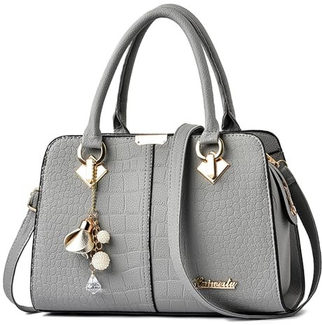 FORRICA Handtaschen Damen Elegant Henkeltasche mit Schön Anhänger Mode Frauen Schultertasche PU Leder Umhängetasche für Einkaufen Pendeln Grau A