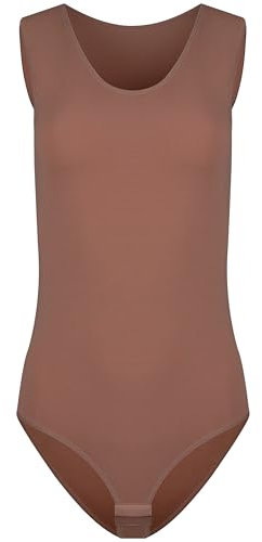 Evoni Damenbody l Damen Overall Bodysuit mit Rundhals l breite Träger l Verschluß-Haken l Unterzieh-Body mit optimaler Passform l sportlicher Damen-Body XL Braun