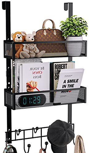 Consumest Over The Door Hooks Organizer - Extra Long Door Hanger with 9 Coat Hooks & 2 Mesh Basket, Back Storage Organizer Hanging Towels for Bathroom, Bedroom, Black (for 1.76 in Doors)
