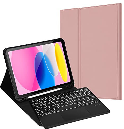 JADEMALL Für iPad Hülle mit Tastatur für A16/10. Gen (2025/2022) – 7-Farben Beleuchtet + Touchpad, Magnetisch Abnehmbare Keyboard Kompatibel mit iPad 11 Zoll & 10.9 Zoll, QWERTZ - Roségold
