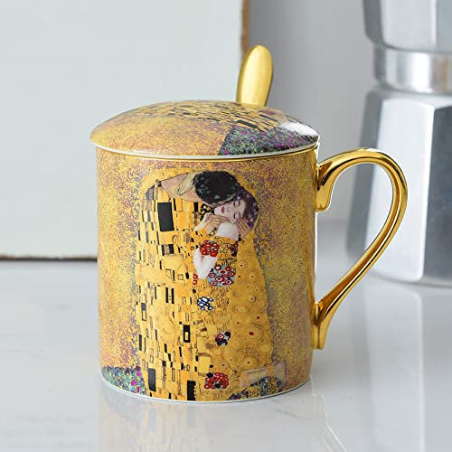 DECRZPB Ensemble de tasses à café en céramique Gustav Klimt Kiss tasses à café avec couvercle et cuillère tasse à thé cadeaux pour les filles maman amoureux