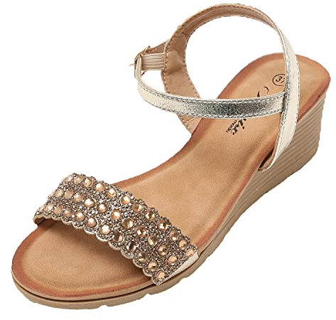 JOMIX Flache Sandalen Damen Große Größen Strass Bohemia Strandsandalen Römersandalen Sommerschuhe (Gold, 38 EU, SD8212)