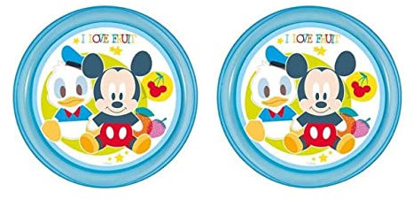 ALMACENESADAN 4734, Pack Disney Mickey Mouse; compuesto por 2 platos reutilizables para cumpleaños, poner aperitivos o uso diario, diametro 18,5 cm; producto reutilizable, sin BPA