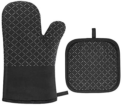 WUDQIJI Ofenhandschuhe 2er Set 27cm Topflappen Topfhandschuhe Kochhandschuhe Backhandschuhe Oven Mitts Hitzebeständig 1 Ofen Handschuhe und 1 Topflappen Set für Kochen Backen Grillen