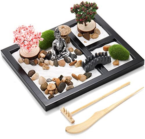 Hiceeden Zen Garden Kit for Desk, 8.5×7.5 Inches Japanese Mini Zen Garden Accessories, Sand Tray Therapy Kit Meditation Gift for Home Office Desk Decor