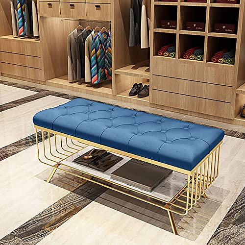 Entryway Shoe Bench With Pu Leather Seat,Premium Marble & Metal Shoe Rack Bench Shoe Organizer,Modern Porch Bench Seat End Of Bed Storage Bench-Navy blue 60x35x45cm(24x14x18inch)