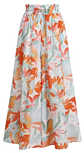 Sommerhose Damen Leicht, Damen Breites Bein Hose Elegant Sommer Hosenrock Lang Culottes Hosen Hohe Taille Chiffon Plissee Palazzo Hose mit Gummizug Einfarbig Freizeithose mit Tasche Orange Druck XL