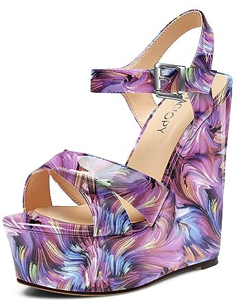 MAGIOPY Donna Alto High Zeppa Tacco Heel Aperte sulla Punta Piattaforma Cinturino alla Caviglia Sandali Ballo Feste Scarpe 15 CM Heels Vortice Viola 43 EU