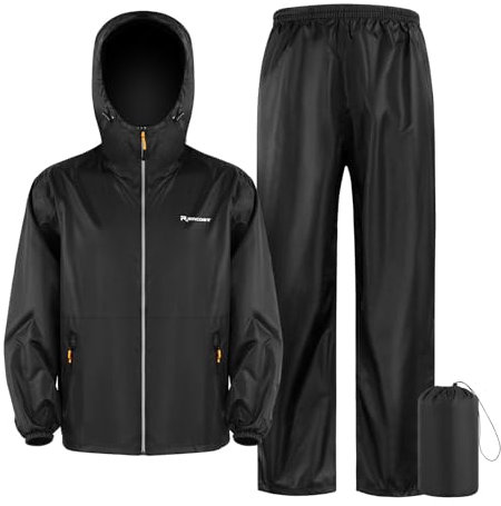 LAMA Regenanzug (Regenjacke + Regenhose) Damen Herren, Reflektierender wasserdichte Regenanzüge Kapuzenjacke Unisex, Atmungsaktive Regenjacke Regenhose, Rainwear mit Kapuze Kapuzenjacke, Schwarz XL