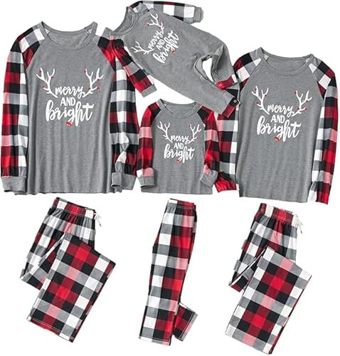 IFFEI Pyjama Noel Famille Familia Ensemble de Pyjama Hiver de Noël pour Homme et Femme Couple Enfant avec imprimé et Poche Plaid Gris 4-5 Ans