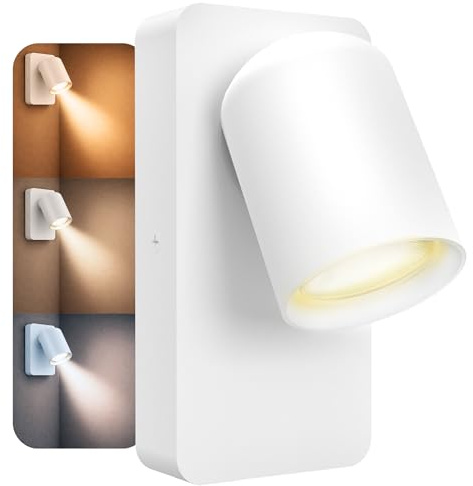 SSC-LUXon NERU Nachttischlampe weiß USB GU10 3 Lichtfarben inkl LED warm | Wandlampe fürs Bett - USB-Ladeport & Schalter, Kopf 360° drehbar, warmweiß bis tageslicht wählbar, inkl. GU10 LED