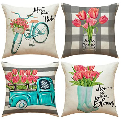 MOTUZP Blumen Tulpe Dekorative Frühling Sommer Überwurf Dekoration, Leinen Hello Spring Floral Home Kissenbezüge Sofa Couch Dekorationen 45,7 x 45,7 cm Bezüge Set von 4, Live Simply Kissenbezug