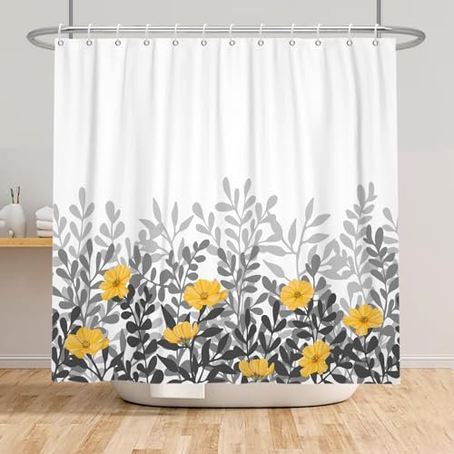 Bovlleetd Gelbe Blumen Duschvorhang Boho Aquarell Blüte Blume Blätter Botanische Duschvorhang für Badezimmer Wildblume Pflanze Print Duschvorhang (Gelb Grau) 92x183cm