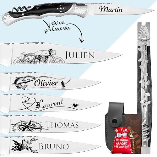 KDO MAGIC - Couteau homme personnalisé - Marque laguiole gravé avec un prénom - Couteau pliant personnalisable - Cadeau Fête des pères - Idée cadeau pour homme, Papa (Noir, Couteau tire-bouchon)