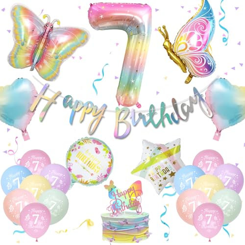Deko 7. Geburtstag Mädchen, Schmetterling Deko mit Happy Birthday Girlande, Luftballon 7. Geburtstag, Ballons Pastell, Schmetterling Folienballon Tortendeko für 7 Jahr Party Deko