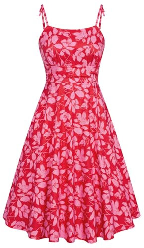 Belle Poque Party Dresses for Women Vintage Sleeveless High Waist A-Line Sundress with Pockets Red Floral BP0928-13 XL