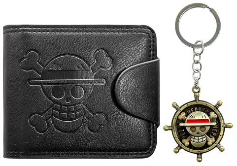 UZYEAOZM OP Bifold Wallet for Men, Straw Hat Luffy Skull Wallet and Keychain, Anime Fan Stylish Merch Gifts, Jet Black, Anime