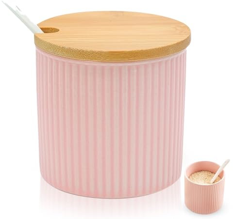 TULEBOLIAN Azucarero Cerámica,con Tapa de bambú y Cuchara,300ml,jarra de porcelana,para Azúcar, Sal, Especias y Más, Rosa