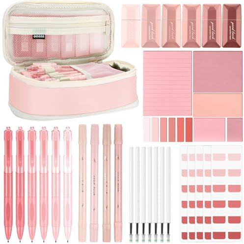 Janlaugh 38 Pcs Aesthetic College School Supplies with Pen Case Sticky Notes Gel Pens Highlighters Correction Tapes Back to School Stationery Kit(Pink Color,Classic)