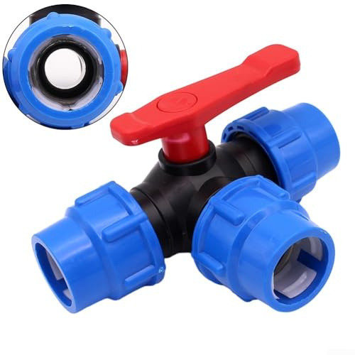 3-Wege-Kugelhahn, 20, 25, 32, 40, 50 mm, Kunststoffventil, Kugelhahn, Wasserrohr, Klemmverschraubung, Wasserhahn, breites Anwendungsspektrum (40 mm)
