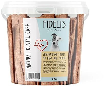 Fidelis - Vitalkaustange Huhn mit Hanf und Joghurt – funktionale Zahnpflege Snacks für Hunde 500g-Eimer – Luftgetrocknet aus 100% natürlichen Rohstoffen - Hunde Leckerli als Snack zur Zahnhygiene