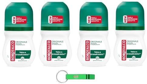 4x Borotalco Deodorante Deo Roll-On Originale,Dreifacher Schutz vor Schweiß und extra Trocken Effekt,50ml + Beni Culinari Kostenloser Schlüsselanhänger