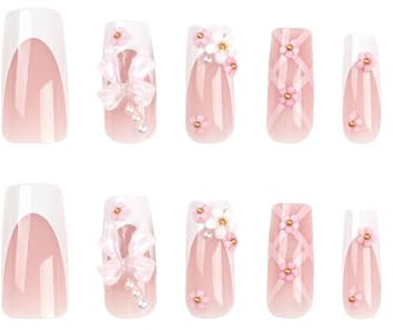Ling & Bai Long Coffin False Nails 24Pcs French Fake Stick on with Rhinestone Flower Bow Removable Glue-on for Women and Girls (Pink White, Glue Style)