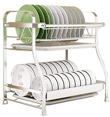 PPSMFAMZ Escurridor de platos de 2 niveles, ahorro de espacio para encimera de cocina con soportes laterales para utensilios de montaje de acero inoxidable, pequeño, sin soporte, resistente al óxido,