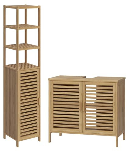 Bellamio Badezimmermöbel Set Newa, Waschbeckenunterschrank mit je 2 Ablagen und Hochschrank mit 6 Fächern und Tür, Badezimmerschrank, Badezimmermöbel aus Bambus lackiert, Standregal Bambus Regal