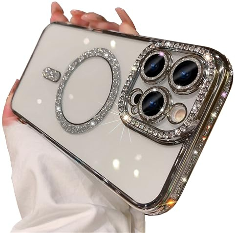 Einaily Glitzer Hülle für iPhone 16 Handyhülle Bling Glitzer mit Strass Rhinestone Schutzhülle für Mädchen, Transparent stoßfest Weiche TPU Silikon Bumper Handyhülle Case Cover für iPhone 16, Silber
