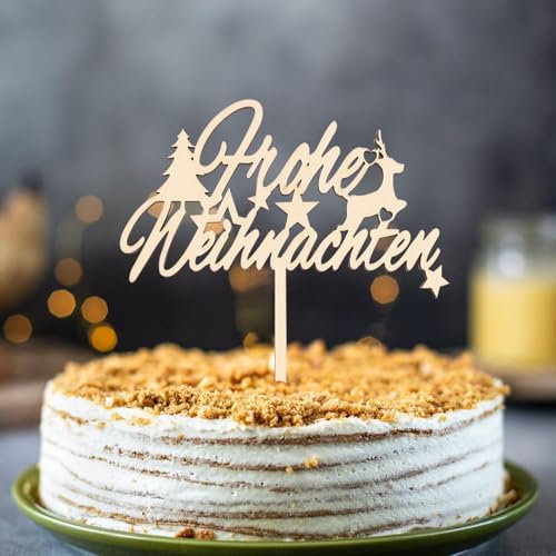 Gleevio Weihnachten Tortendeko, Frohe Weihnachten Cake Topper Holz, Kuchendeko 4 mm Dicke Mit Weihnachtsbaum, Sternen, Elch, Größe 15x20cm