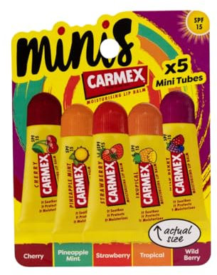 Carmex Mini Scented Lip Balm Tubes – Pack of 5 | In Cherry, Strawberry, Pineapple Mint, Wild Berry & Tropical Flavours | SPF 15 Sun Protection | Long-Lasting Hydration for Smooth, Supple Lips