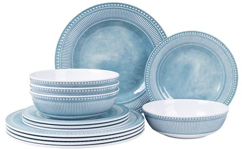 AELS Melamin-Geschirr-Set, 12-teilig, Geschirr-Set für drinnen und draußen, Melaminteller und Schüssel-Set für 4 Personen, spülmaschinenfest, leicht, unzerbrechlich, BPA-frei, Blau