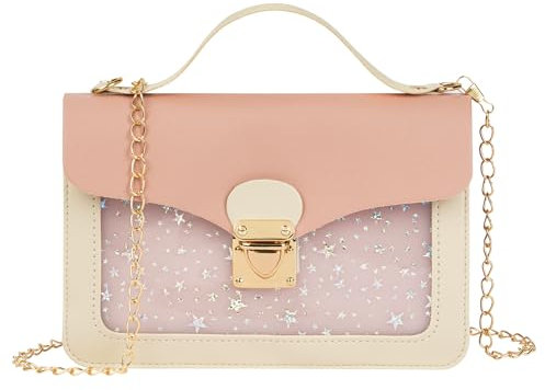 Ainiv Mädchenkette Minitasche, Umhängetasche mit Stern-Pailletten und abnehmbarer Kette, dreilagige Mezzanine-Umhängetasche mit großem Fassungsvermögen, rosa Handtasche mit Schloss für Mädchen, Kinder
