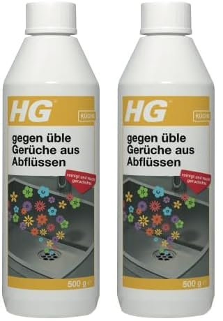 HG Gegen üble Gerüche aus Abflüssen, löst Schmutz und beseitigt Gerüche in Abflüssen, Rohrreiniger für Bad, Küche, Dusche und Waschbecken - 500 g (Packung mit 2)