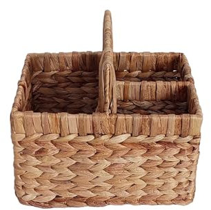 Dibor Water Hyacinth Cutlery Basket with Carrying Handle Three Compartment Utensil Holder Cutlery Organiser Condiment Holder Kitchen Worktop Dining Table Caddy Storage