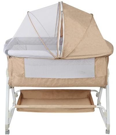 Belfoyer 4 in 1 Kinderbeistellbetten bis 60 kg,Baby Reisebett Babybett,Beistellbett Baby,Babybett 6 Fach höhenverstellbar,Kinderreisebett Kinderbett mit Matratze（92x52x106-118cm,Beige）