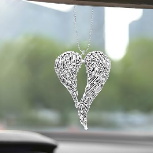 Auto Rückspiegel Anhänger Engel Flügel Silber, Hängende Car Deko für Innenraum, Schutzengel Ornament zum Aufhängen, Spirituelles Auto Zubehör Geschenk für Frauen Männer Autofahrer