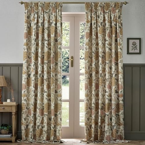 Morris&Co. Cray Pencil Pleat Curtain Pair – Lined Velvet Floral River-Inspired Drapes (Stone/Clay - 168x183cm)