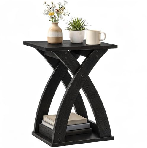 HOOBRO Narrow Side Table, Modern Slim Sofa Table with Open Storage, X-Design Narrow Bedside Table Nightstand for Living Room and Bedroom, Black EBK356BZ01N1
