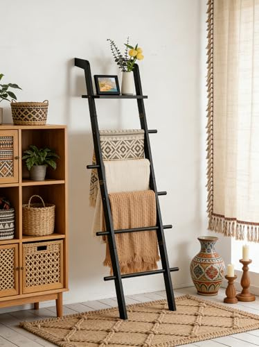 ZUNTO Black Blanket Ladder with Top Shelf for the Living Room - 67in Decorative Wooden Blanket Holder for Throws, Wall Leaning - Rustic Farmhouse Towel Ladder for Organizer and Display