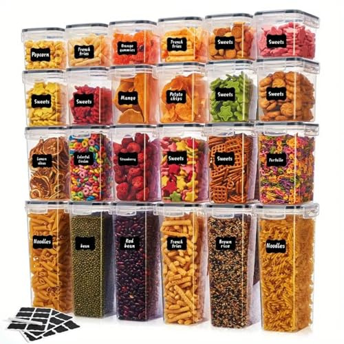 Greenfields 39.2L Airtight Food Storage Set – 24 BPA-Free Containers with Lids in 6 Sizes for Pantry Organisation | Kitchen Storage Jars for Flour, Cereal, Rice, Snacks + 20 Labels & Chalk Pen