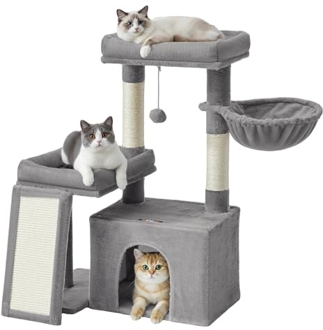 Feandrea Cat Tree Tower Condo with 2 Beds, Scratching Posts and Ramp, for Small and Medium Cats, Dove Grey PCT013GD01