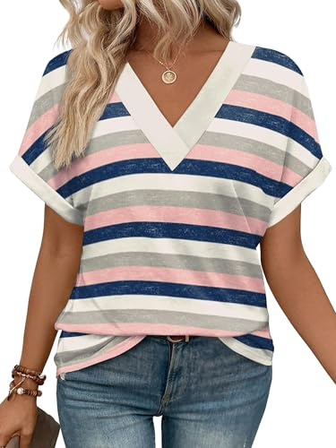 Cuptacc Tee Shirt Femme Col V Manche Courte Tshirt Ete Décontracté Haut | Ete,Décontracté,Chic,Elegant,Couleur Unie,Rayure,Casual,Amples,Lâches,Tendance,Grande Taille,Classique