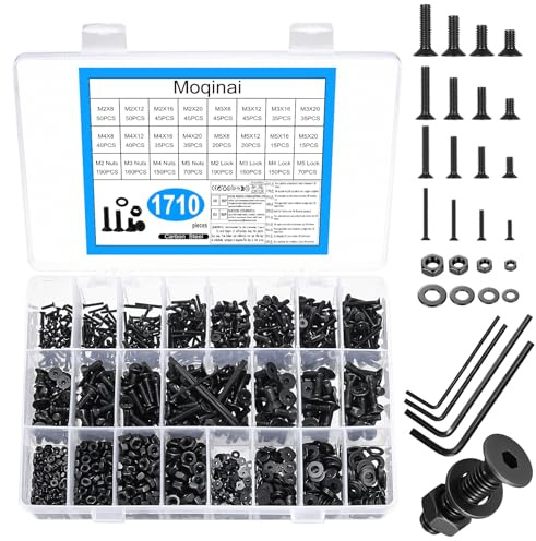 Moqinai 1710 Stk M2 M3 M4 M5 Schrauben Set, Senkkopfschrauben Set Schwarz, Flachkopfschrauben mit Innensechskantschrauben Muttern Sets, Maschinenschrauben Sortiment