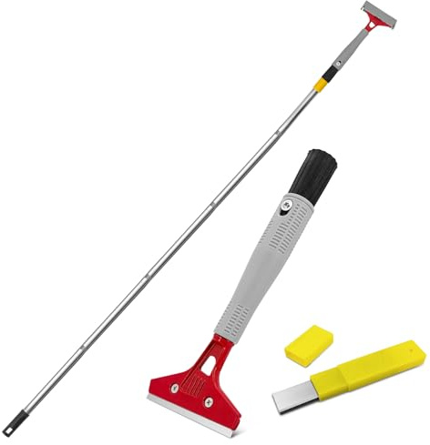 Grattoir à papier peint avec long manche - Racloir mural pour vieux plâtre, tapis, grattoir à papier peint, spatule à papier peint, grattoir télescopique avec 10 lames, grattoir multifonction